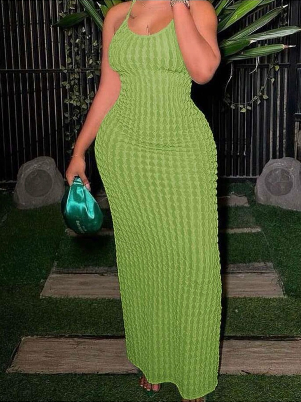 Sleeveless Textured Maxi Dress in Lime Green - Elegant Fit